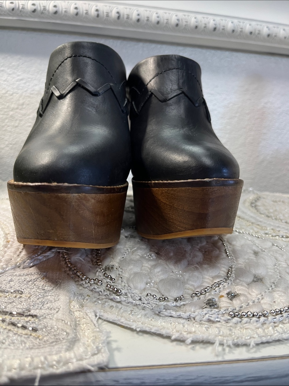 Free People Chance Clogs Black Leather Platform Mules Size 37 Boho Wooden Heel - Picture 8 of 13